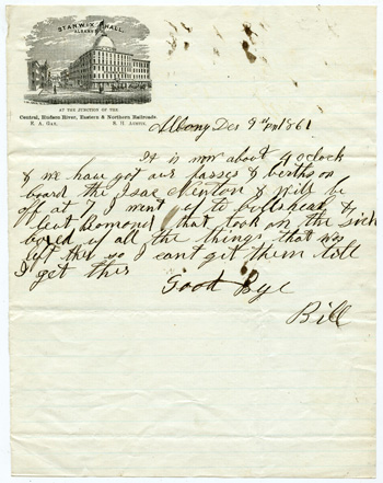 Will Fisher to his brother Albany, New York PM, December 9, 1861