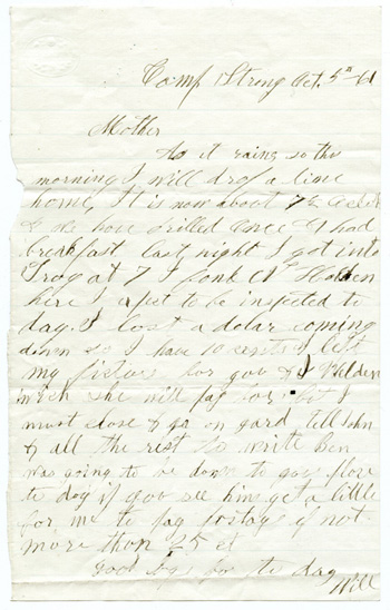 Will Fisher to his mother Camp Strong October 5, 1861