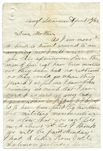 Will Fisher to his mother Camp Stoneman April 5, 1862