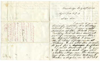 Will Fisher to Ajt. Gen. USA with response Cambridge, New York July 23, 1862 Ajt. Gen. USA