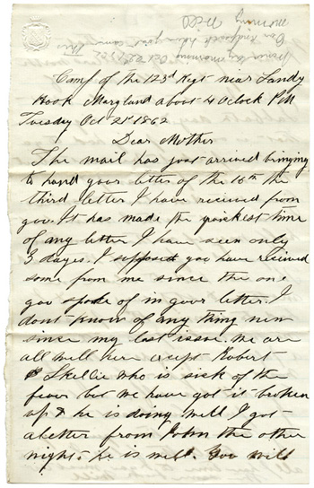 Will Fisher to his mother Camp of the 123rd Regt. near Sandy Hook, Maryland About 4 o’clock PM, Tuesday, October 21, 1862