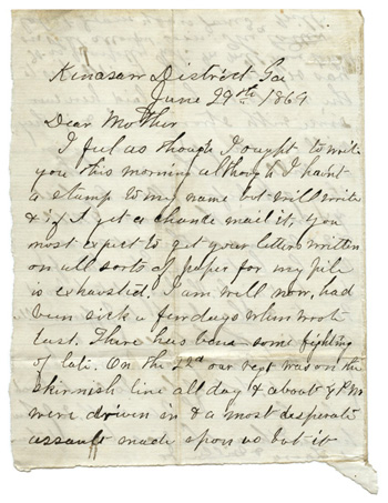 Will Fisher to his mother Kenasaw District, Georgia June 29, 1864