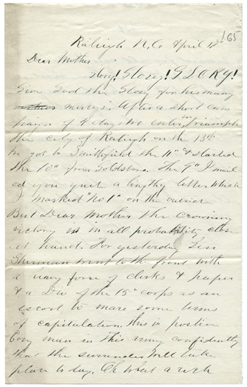Will Fisher to his mother Raleigh, North Carolina April 17, 1865
