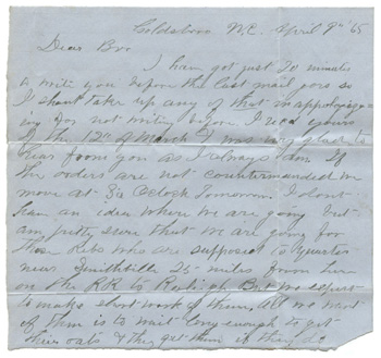 Will Fisher to his brother Goldsboro, North Carolina April 9, 1865