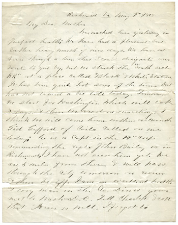 Will Fisher to his mother Richmond, Virginia May 9, 1865
